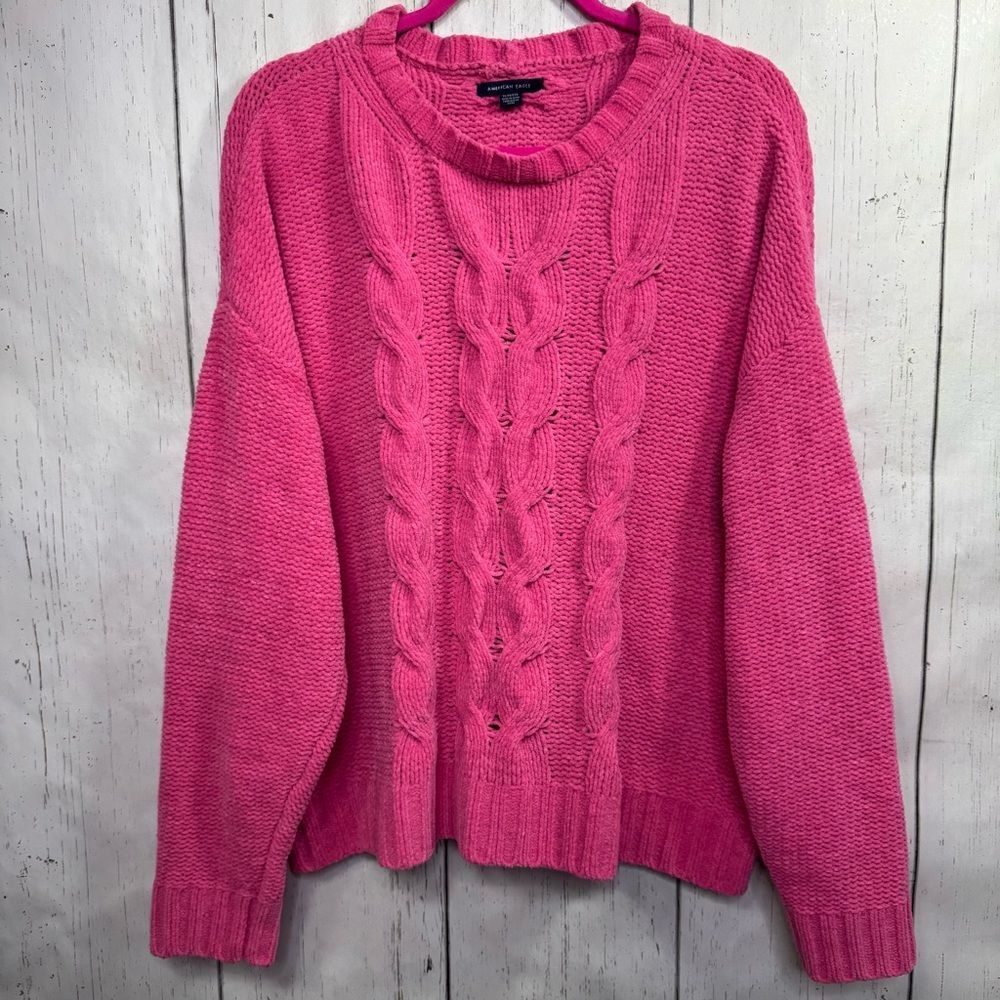 American Eagle Pink Cable Knit Chunky Sweater Cozy Pullover XL Relaxed Fit Soft